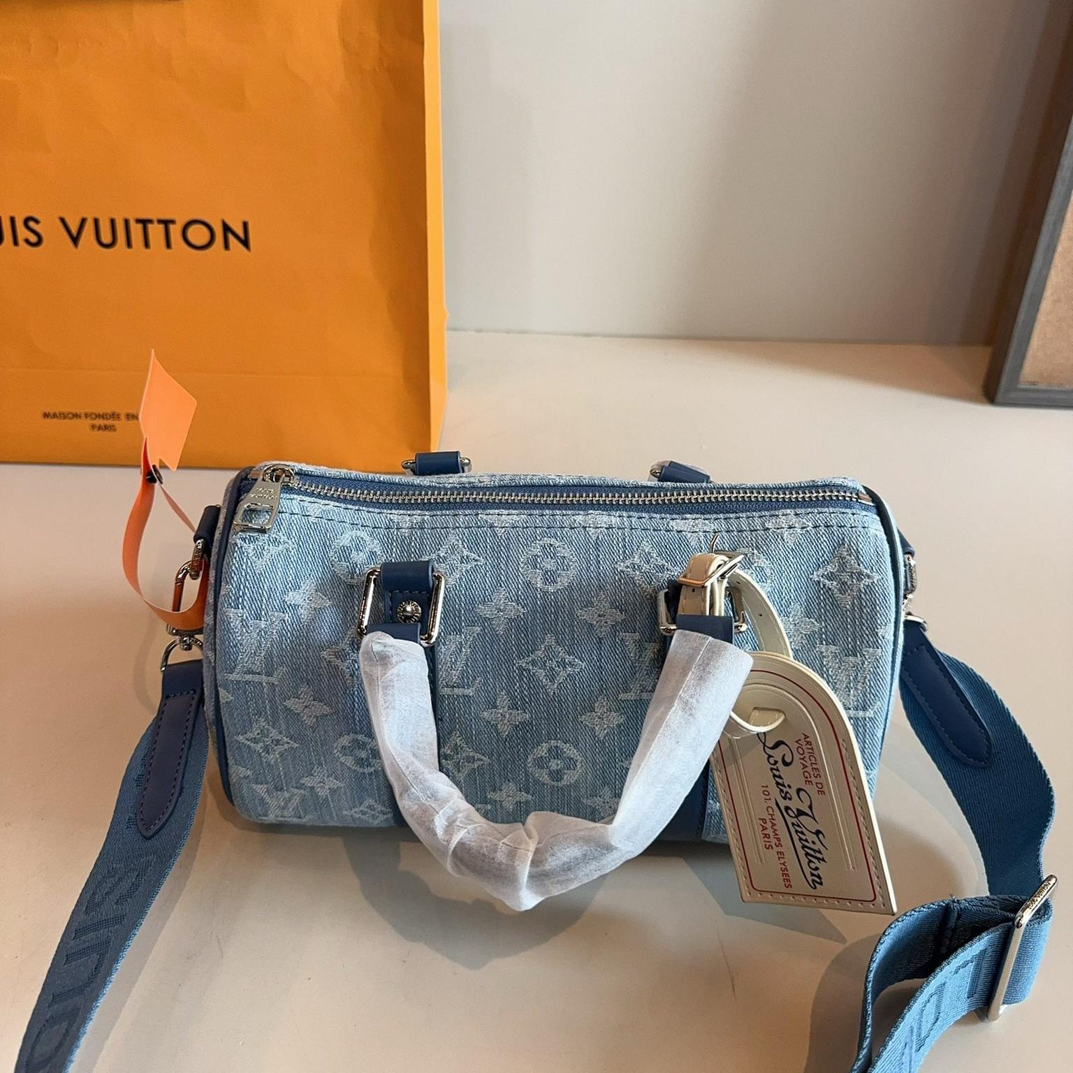 LV Speedy 25 Blue Denim Monogram Bag with Wide Strap – Retro Shoulder Barrel 25CM - Image 8