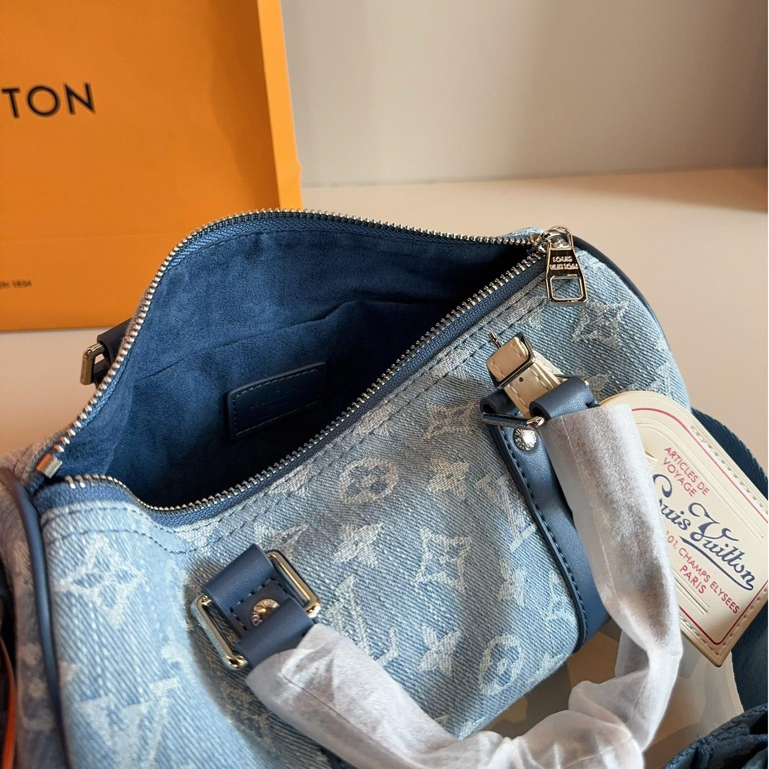 LV Speedy 25 Blue Denim Monogram Bag with Wide Strap – Retro Shoulder Barrel 25CM - Image 9