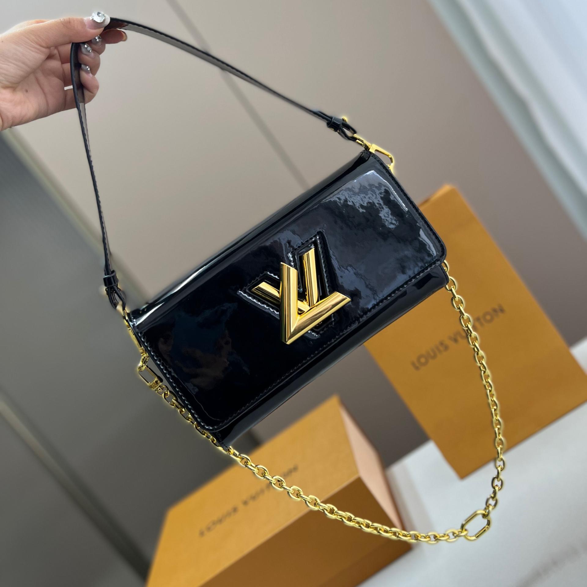 LV Twist Chain Bag in Black Patent Leather with Gold Hardware – 23CM Timeless Icon - Image 8