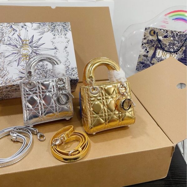 Dior Lady Mini Metallic Leather Bag – Gold & Silver Micro Tote with Charm Details