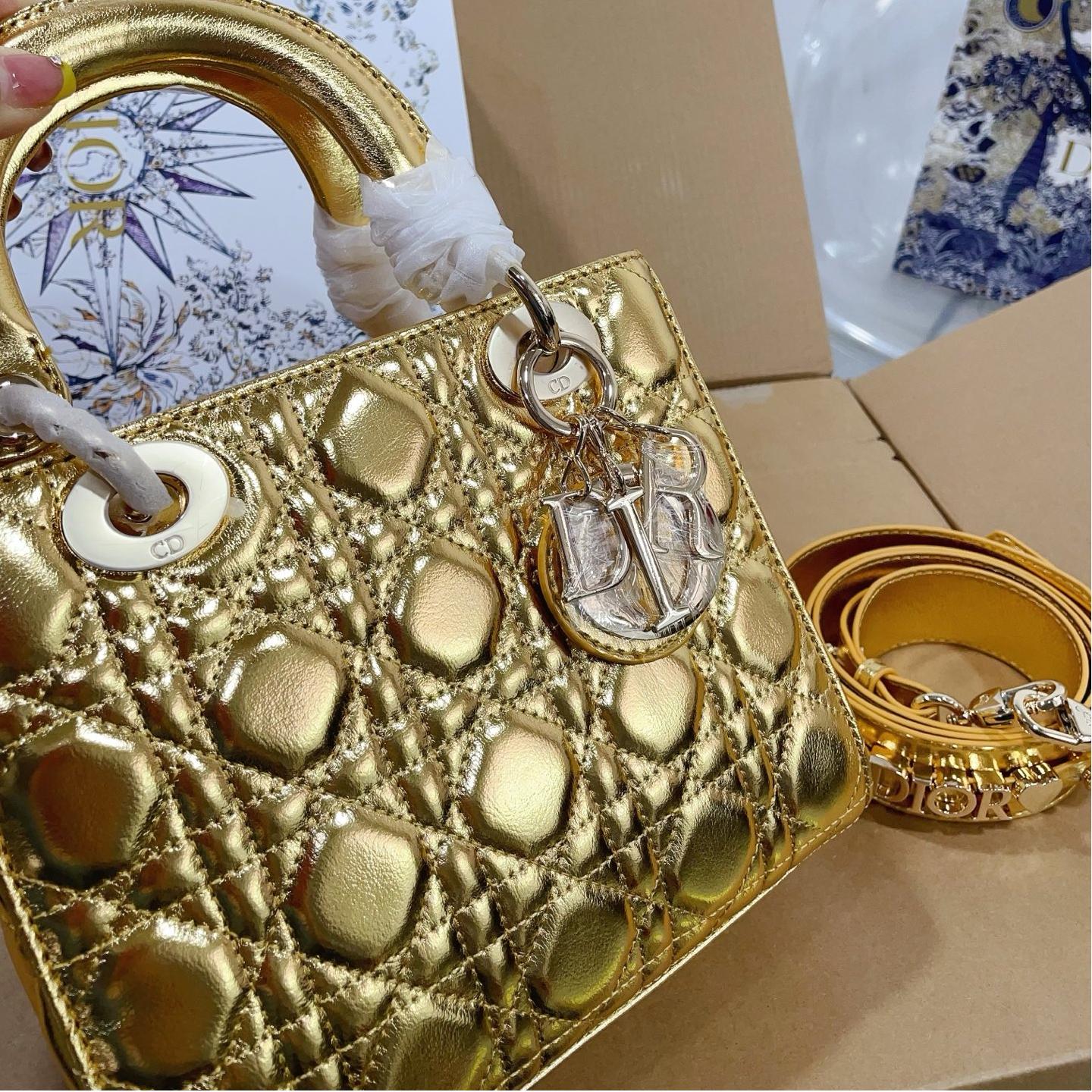 Dior Lady Metallic Leather Bag – 20cm Cannage with Gold & Silver Finish - Image 4