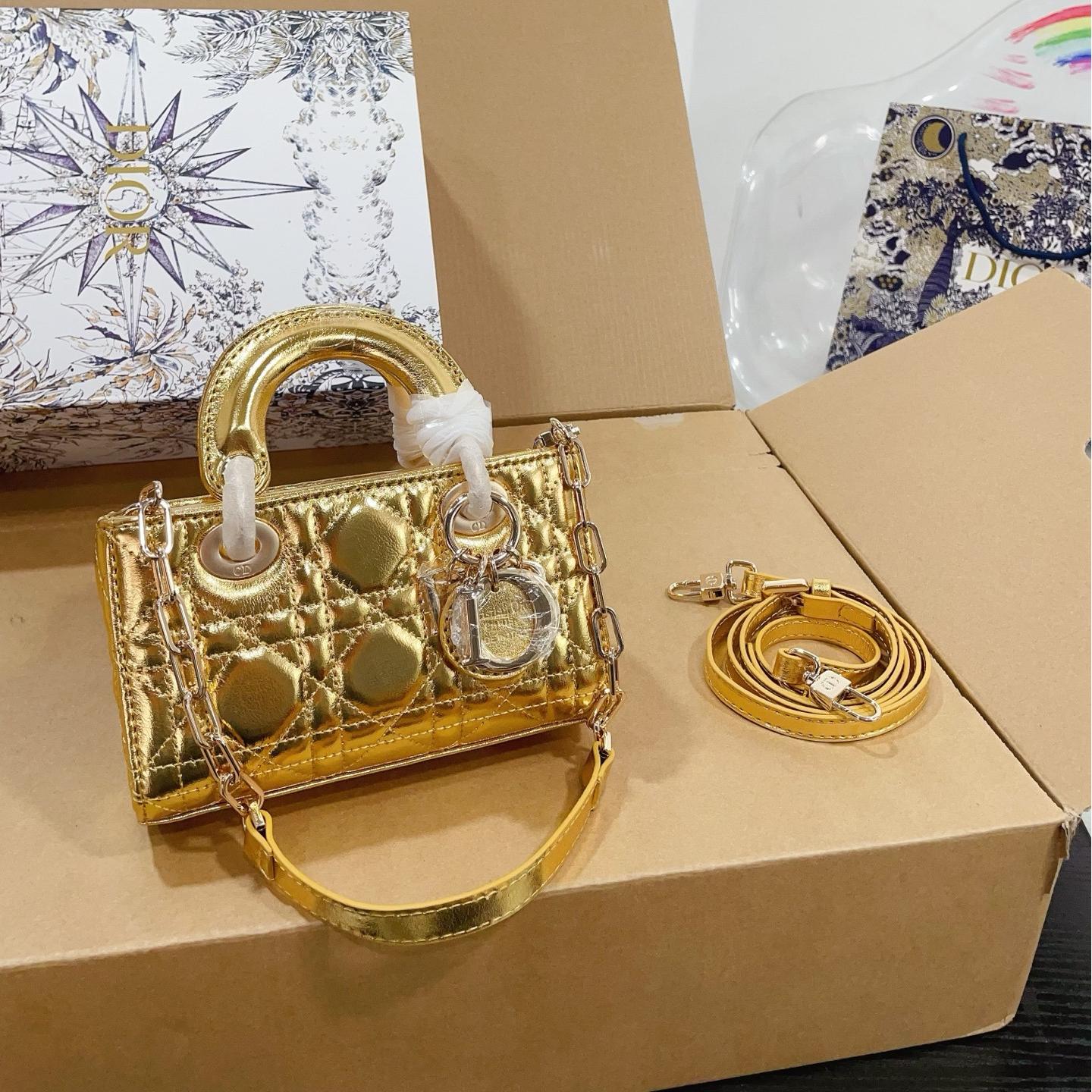 Dior Lady Gold Metallic Bag – Cannage Leather in 22cm & 16cm - Image 3