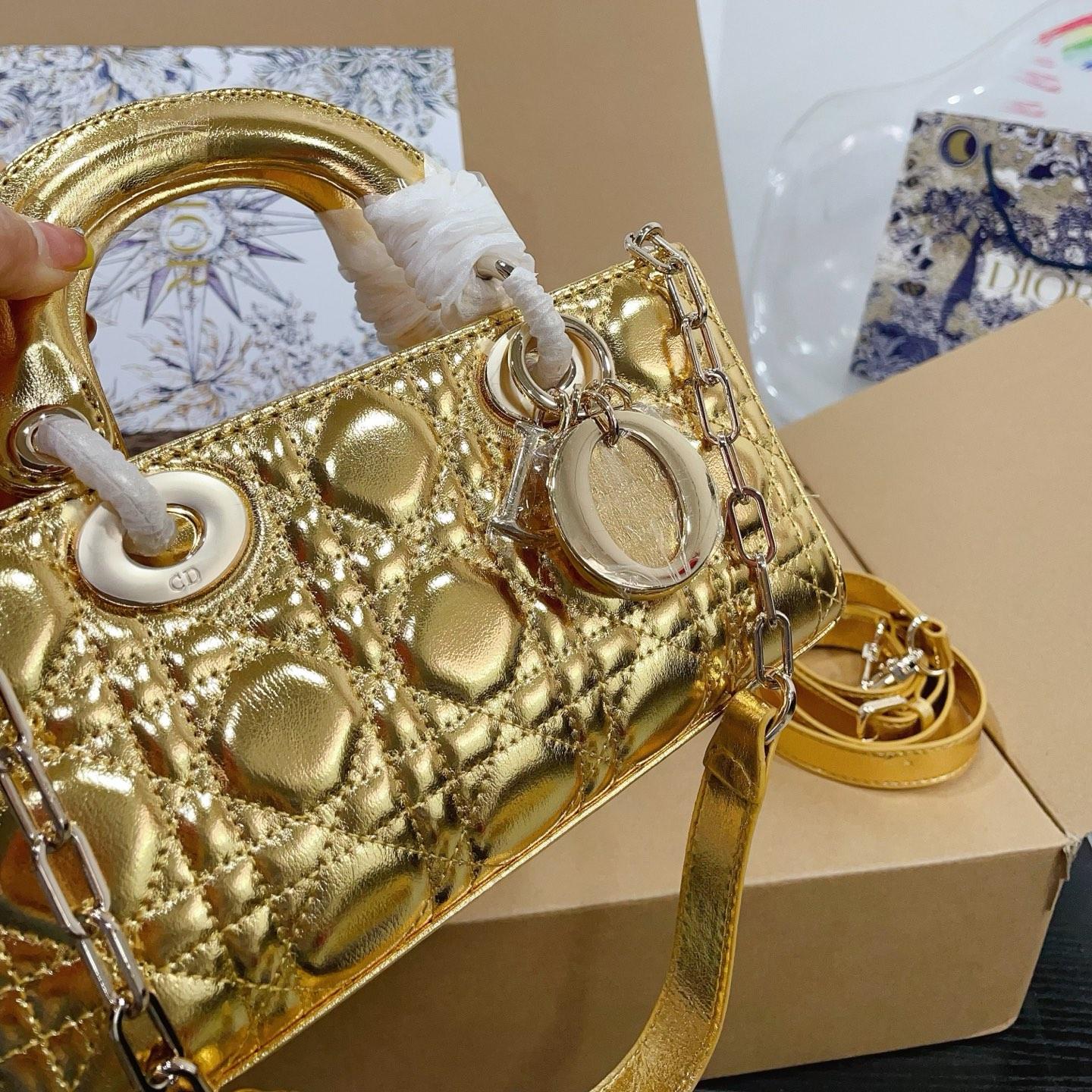Dior Lady Gold Metallic Bag – Cannage Leather in 22cm & 16cm - Image 4