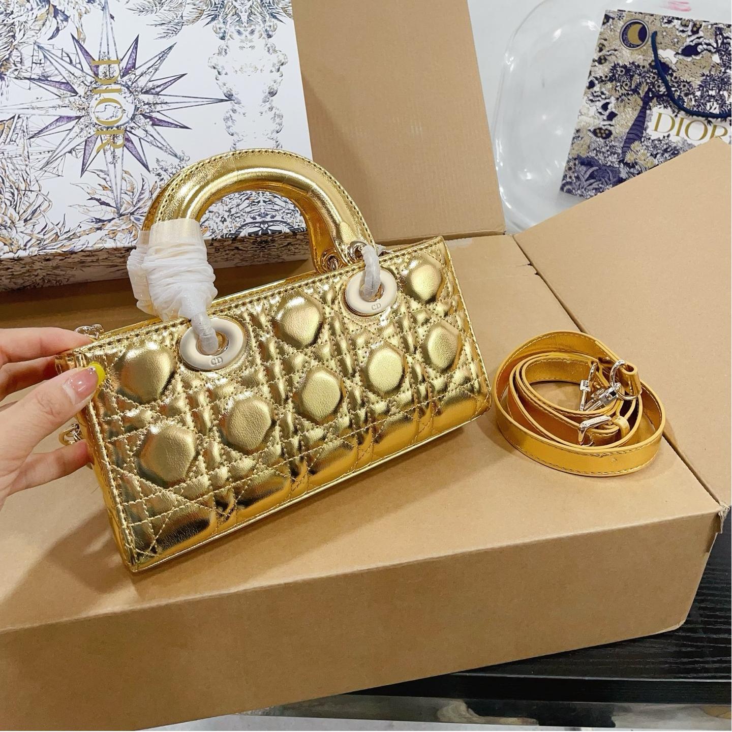 Dior Lady Gold Metallic Bag – Cannage Leather in 22cm & 16cm - Image 7