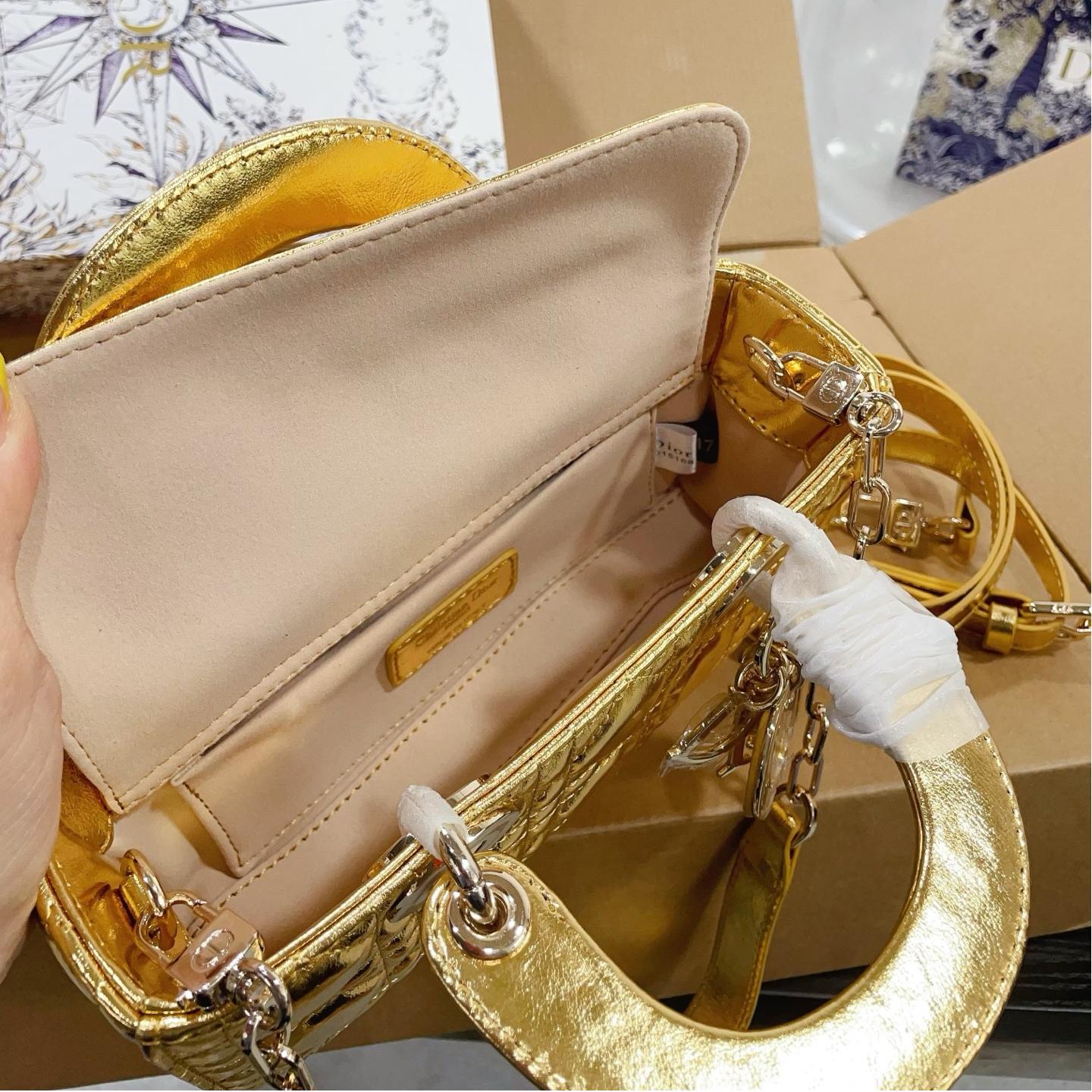 Dior Lady Gold Metallic Bag – Cannage Leather in 22cm & 16cm - Image 9