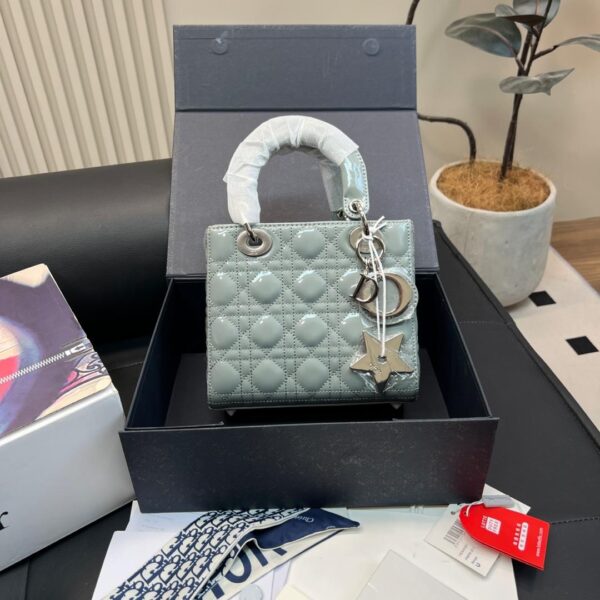 Dior Lady Patent Leather Bag – Glossy Grey with Silver Hardware  20cm