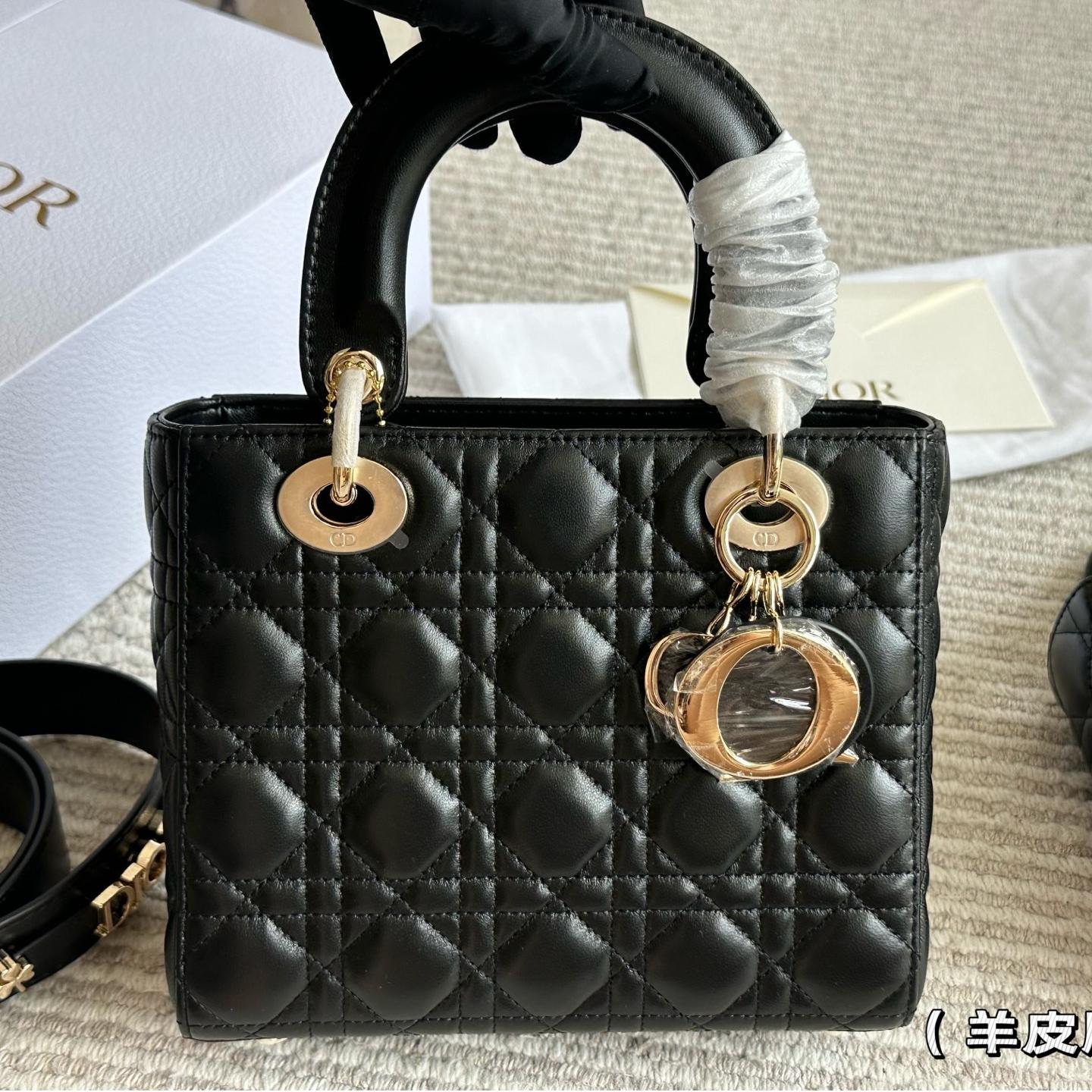Classic Black Lambskin Lady-Inspired Handbag – Cannage Quilted Top Handle Bag with Strap 17CM/20CM - Image 2