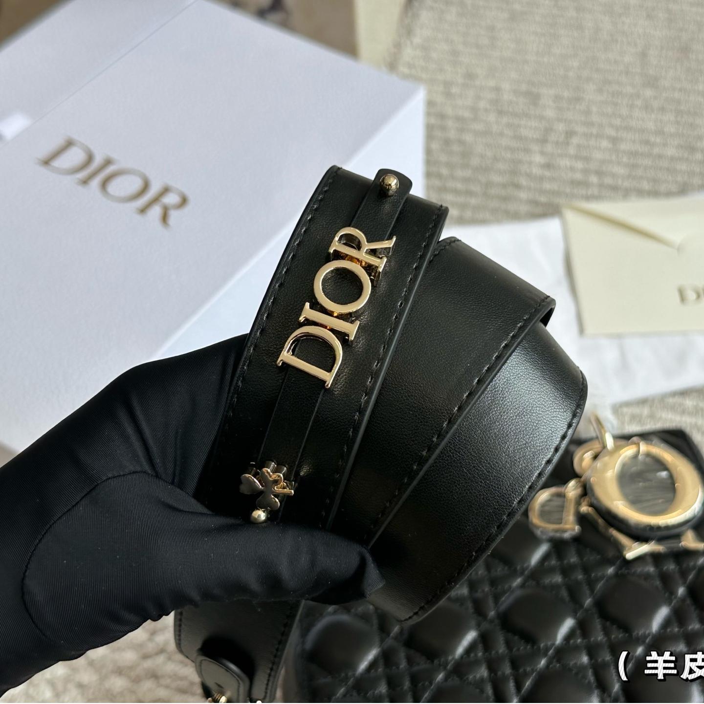 Classic Black Lambskin Lady-Inspired Handbag – Cannage Quilted Top Handle Bag with Strap 17CM/20CM - Image 3