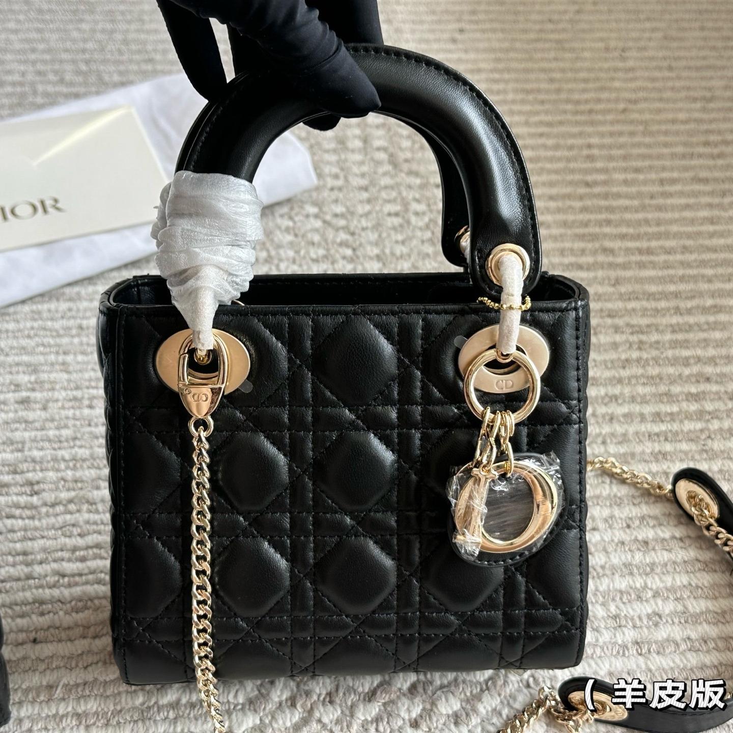 Classic Black Lambskin Lady-Inspired Handbag – Cannage Quilted Top Handle Bag with Strap 17CM/20CM - Image 4
