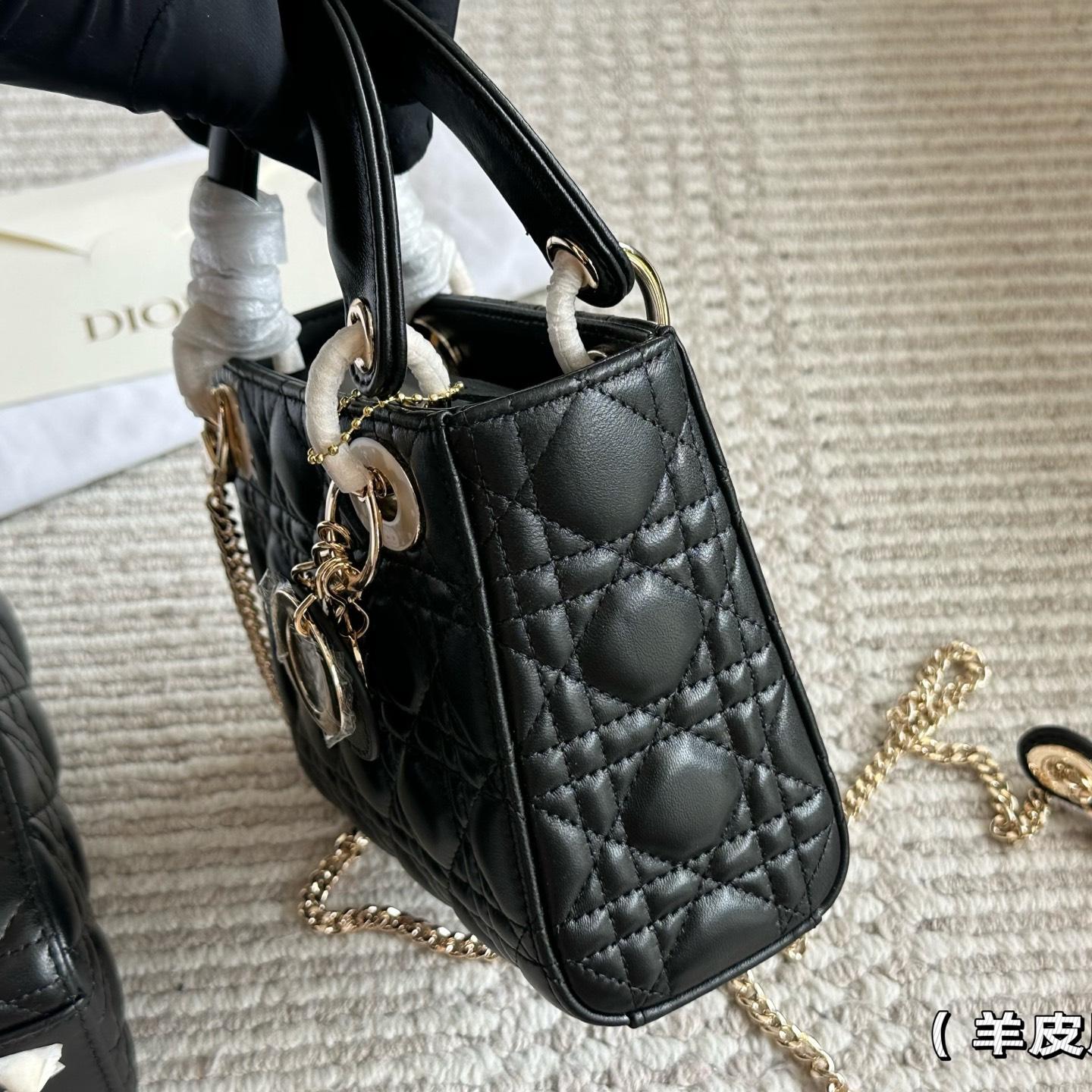 Classic Black Lambskin Lady-Inspired Handbag – Cannage Quilted Top Handle Bag with Strap 17CM/20CM - Image 6