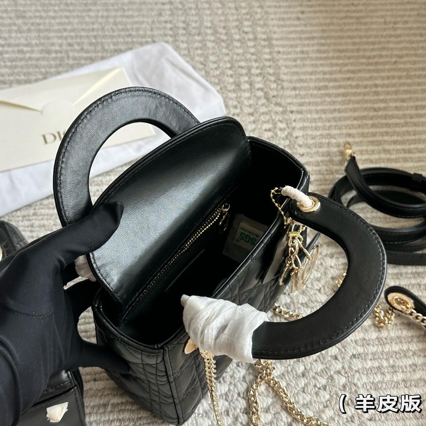 Classic Black Lambskin Lady-Inspired Handbag – Cannage Quilted Top Handle Bag with Strap 17CM/20CM - Image 7