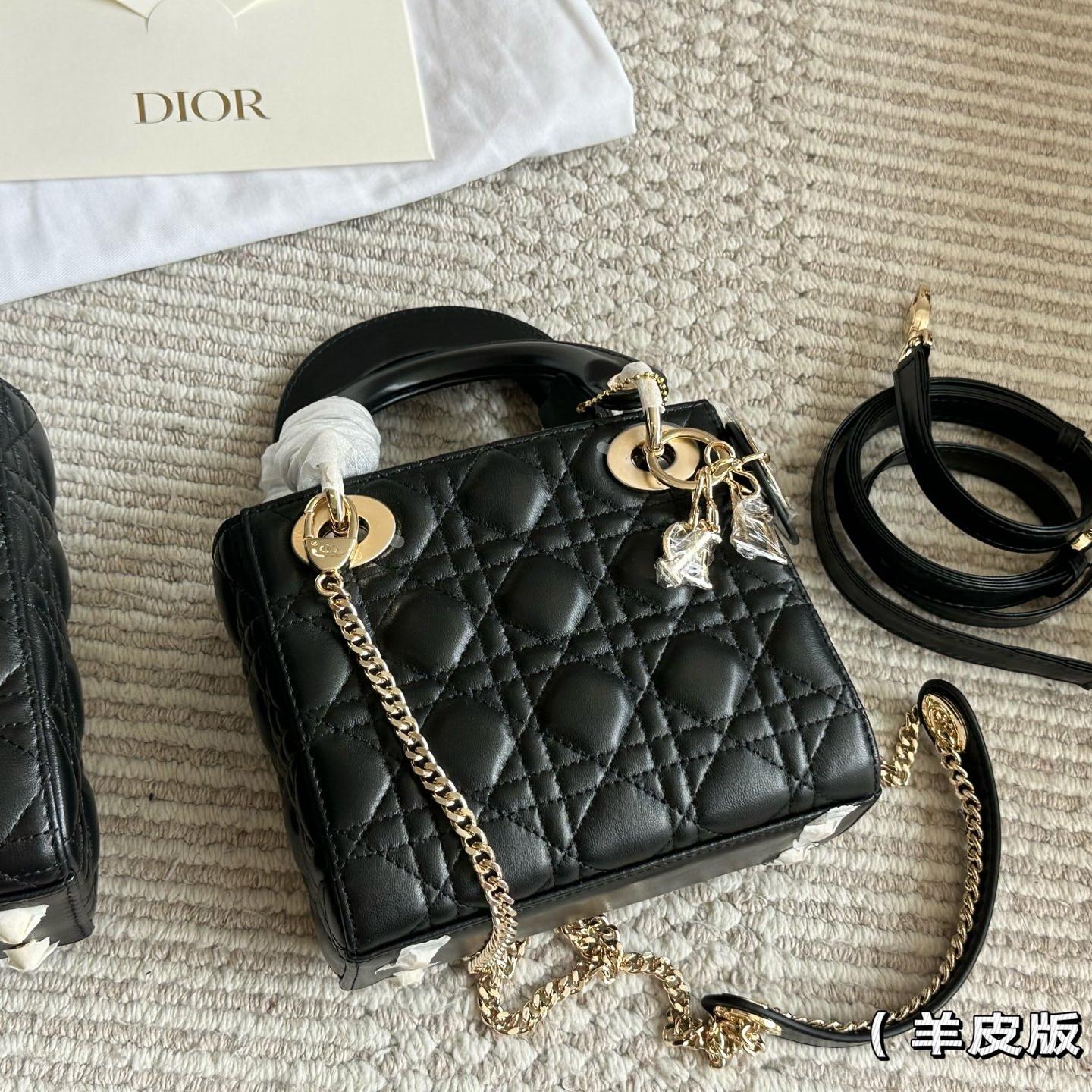 Classic Black Lambskin Lady-Inspired Handbag – Cannage Quilted Top Handle Bag with Strap 17CM/20CM - Image 8