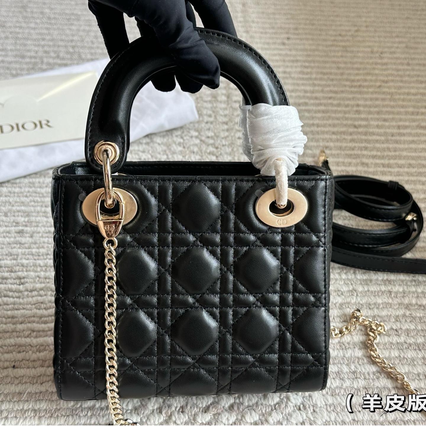 Classic Black Lambskin Lady-Inspired Handbag – Cannage Quilted Top Handle Bag with Strap 17CM/20CM - Image 9