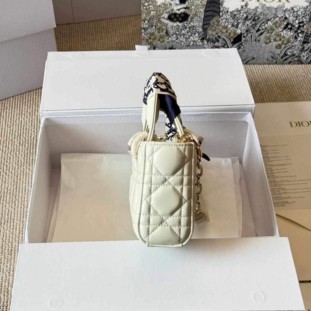 Cream White Lady D-Joy Quilted Leather Bag – Rectangular Top Handle with Scarf Detail 22CM - Image 7