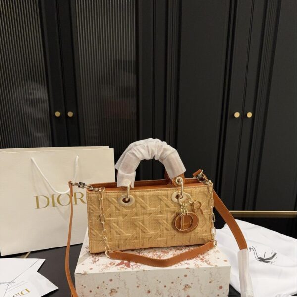 Natural Woven Lady D-Joy Bag – Rectangular Cannage Top Handle with Dual Straps 26CM