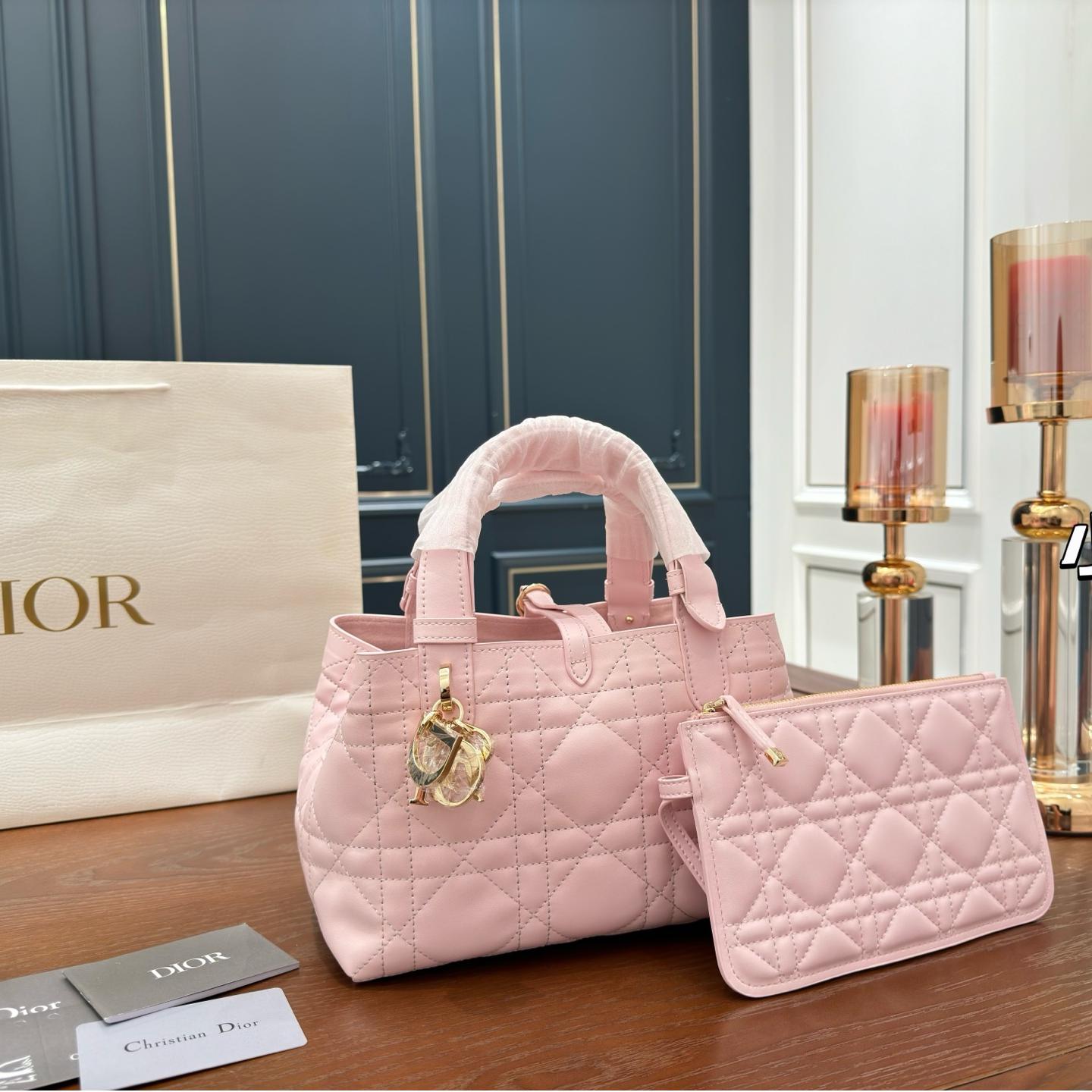 Mini Toujours Quilted Lambskin Tote Bag – Dior-Inspired Adjustable Soft Satchel 24CM - Image 2