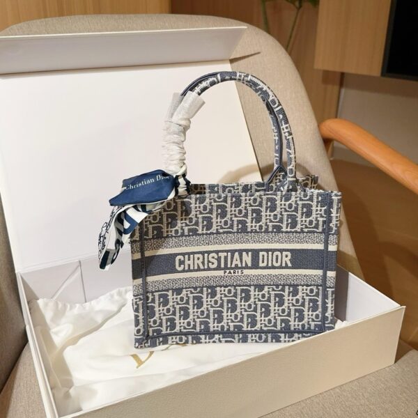 Mini Book Tote in Blue Monogram Embroidery – Dior-Inspired Signature Canvas Bag 26cm