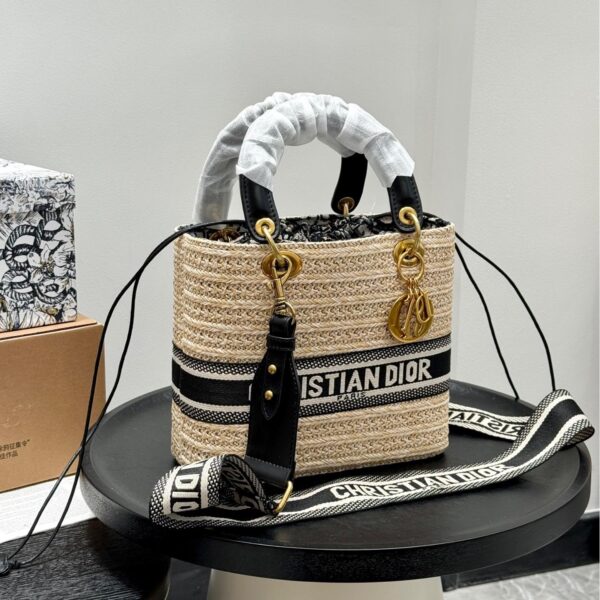 Raffia Woven Dior-Inspired Basket Tote – Natural Straw Summer Bag with Logo Strap  24cm