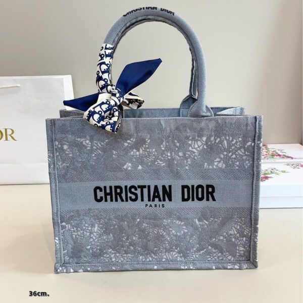 Lace-Embroidered Dior-Inspired Book Tote – Elegant Canvas Bag in 3 Sizes (26CM/36CM/42CM)