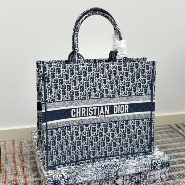 Dior-Inspired Oblique Book Tote – Monogram Embroidered Canvas Bag in 3 Sizes 26CM/36CM/42CM