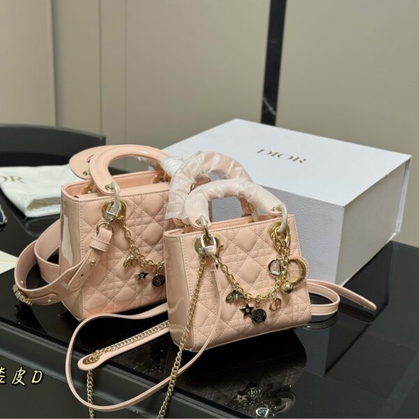 Lady Dior Patent Leather Bag in Blush Pink with Lucky Charms – 20cm & 18cm