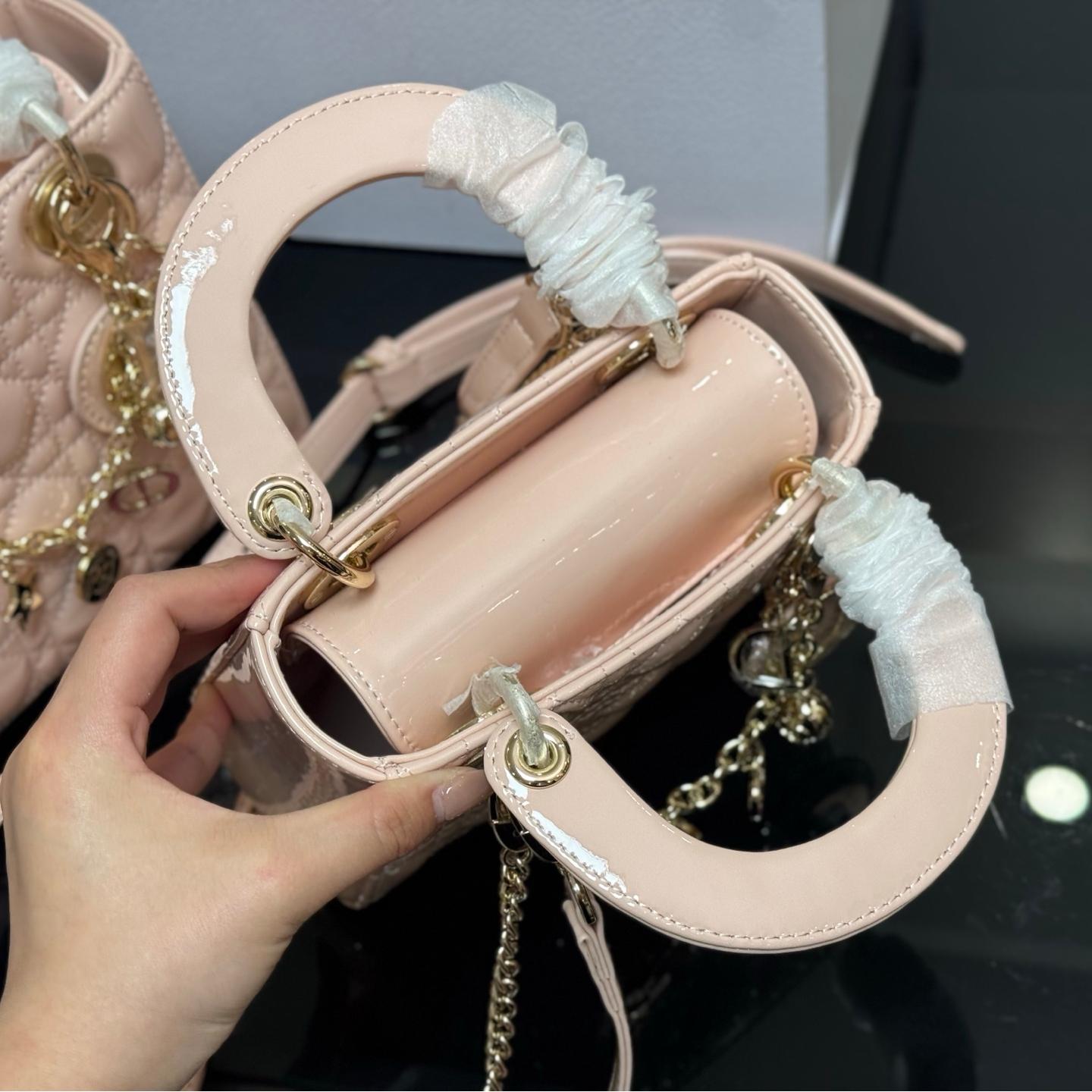 Lady Dior Patent Leather Bag in Blush Pink with Lucky Charms – 20cm & 18cm - Image 3