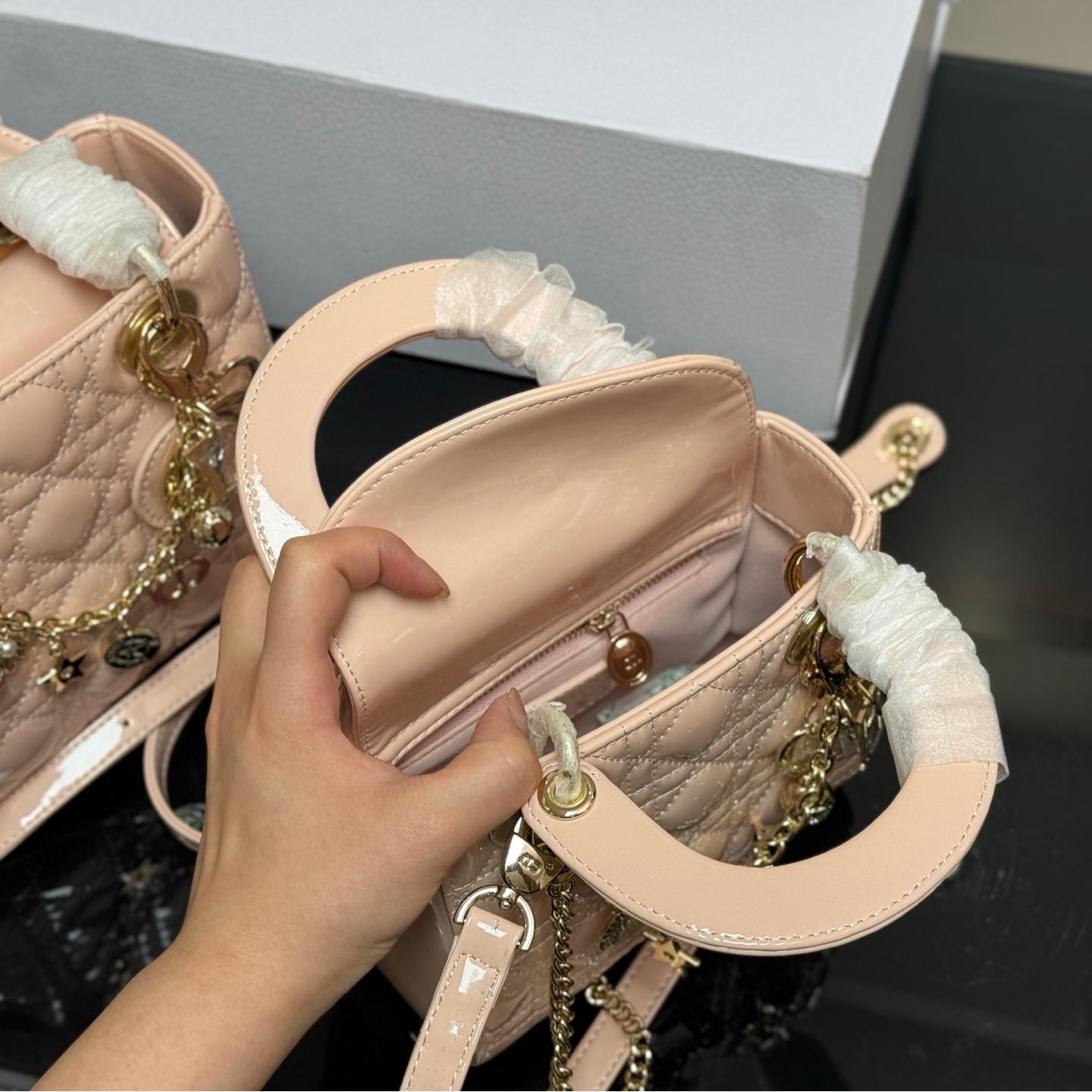 Lady Dior Patent Leather Bag in Blush Pink with Lucky Charms – 20cm & 18cm - Image 4