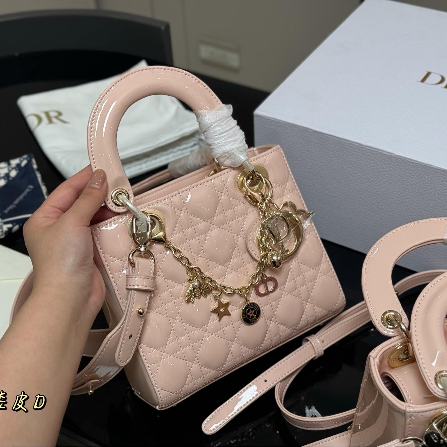 Lady Dior Patent Leather Bag in Blush Pink with Lucky Charms – 20cm & 18cm - Image 5