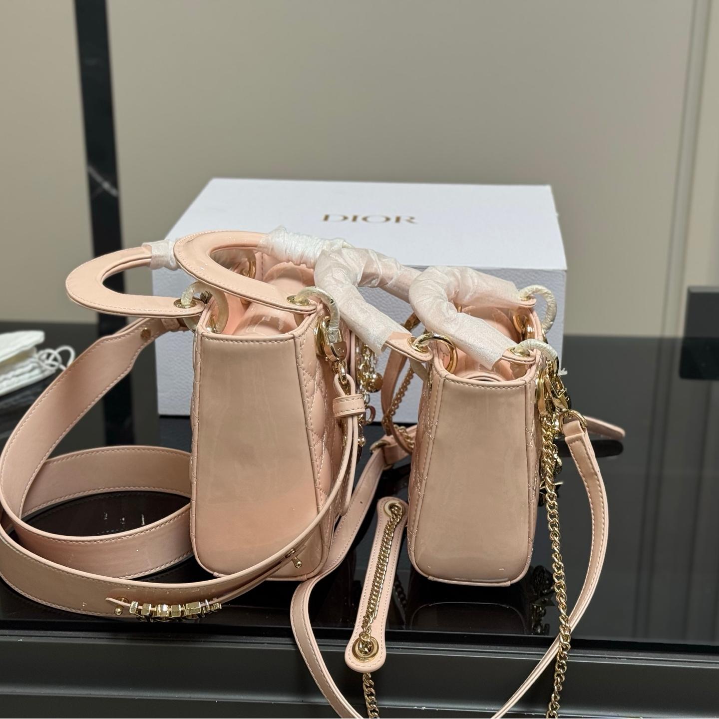 Lady Dior Patent Leather Bag in Blush Pink with Lucky Charms – 20cm & 18cm - Image 6