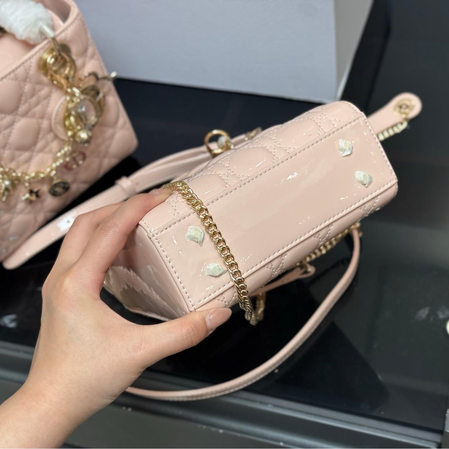 Lady Dior Patent Leather Bag in Blush Pink with Lucky Charms – 20cm & 18cm - Image 8