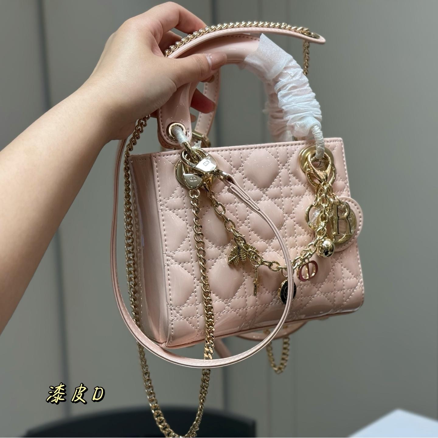 Lady Dior Patent Leather Bag in Blush Pink with Lucky Charms – 20cm & 18cm - Image 9