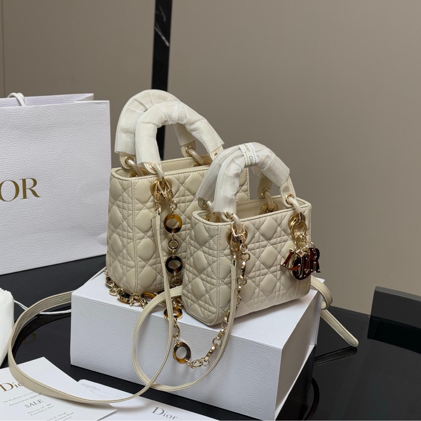 Lady Dior in Cream Calfskin with Tortoiseshell Charm Strap – 17cm & 20cm - Image 2