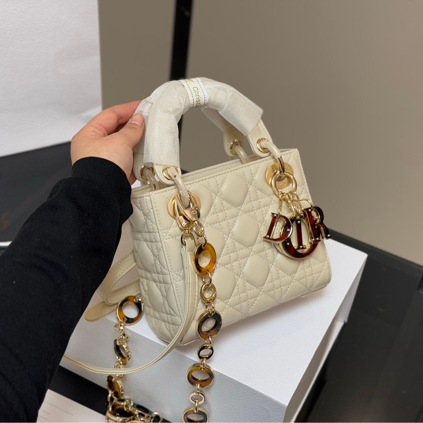Lady Dior in Cream Calfskin with Tortoiseshell Charm Strap – 17cm & 20cm - Image 5