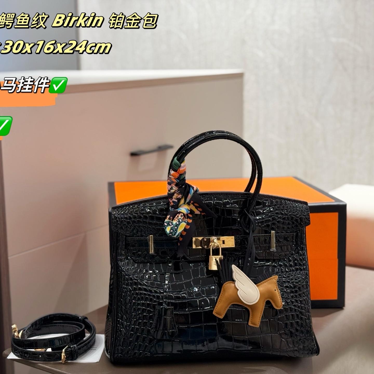 Birkin 30 in Glossy Croc-Embossed Leather – Black & Gold Statement of Power and Prestige - Image 2