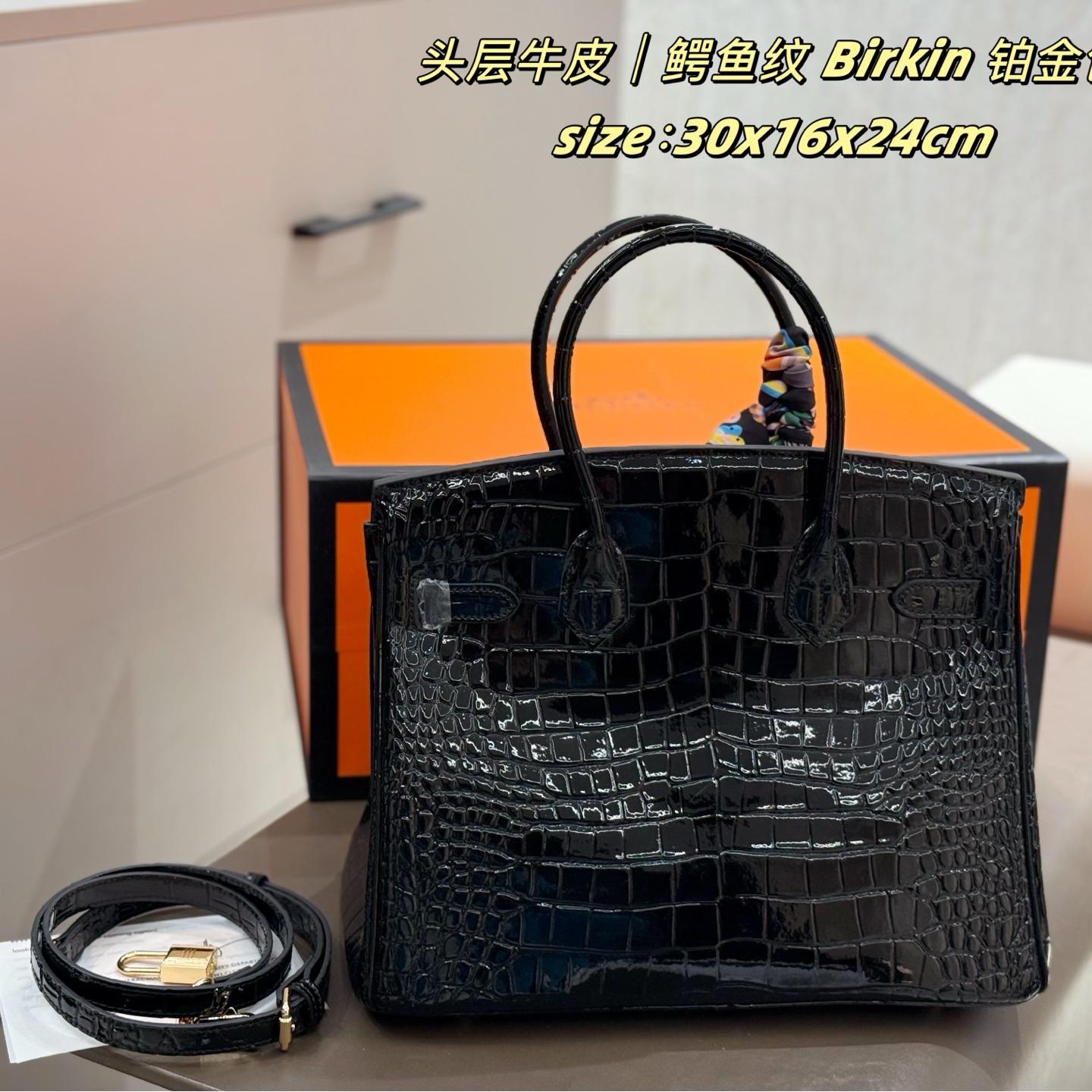 Birkin 30 in Glossy Croc-Embossed Leather – Black & Gold Statement of Power and Prestige - Image 7