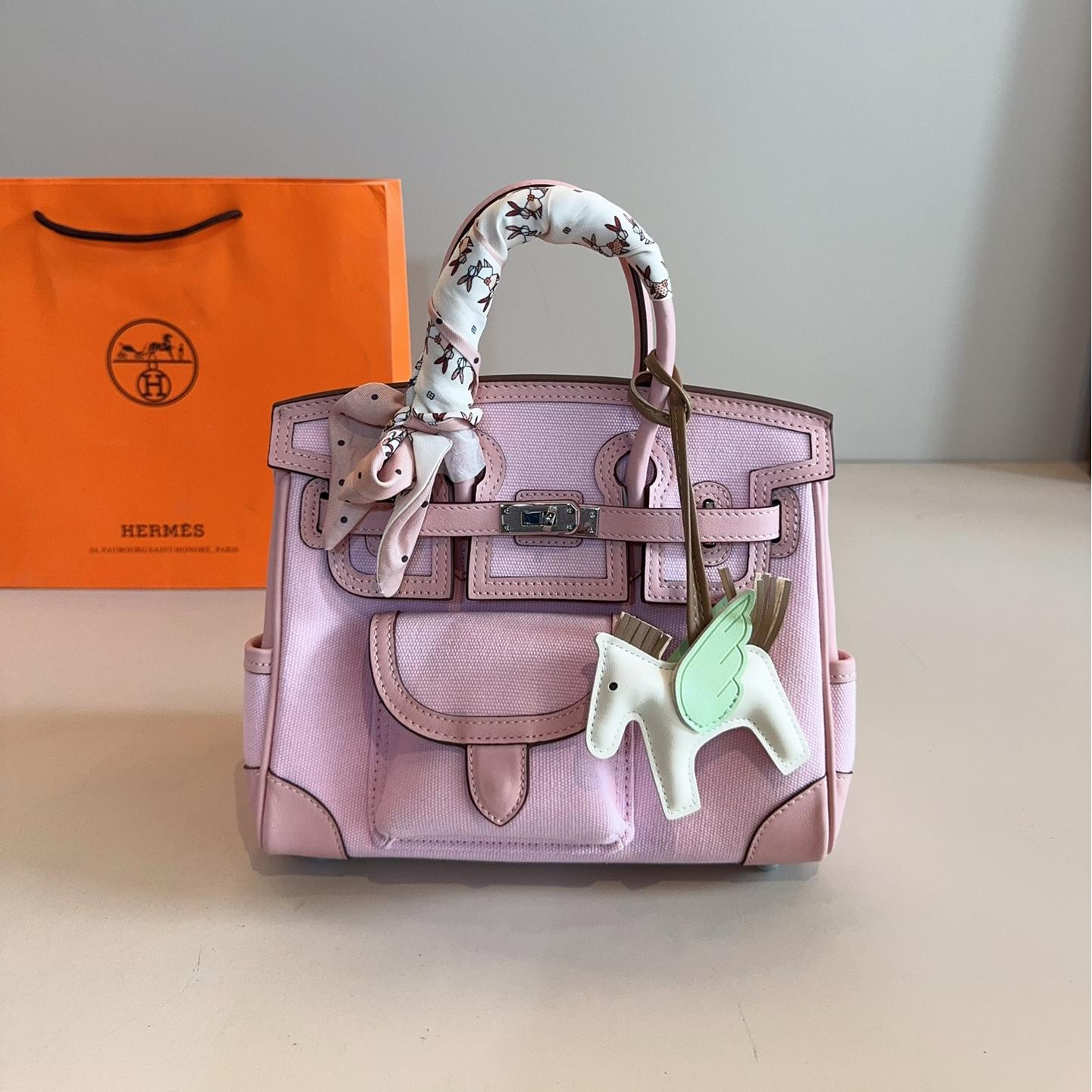 Hermès Cargo Kelly Bag in Sakura Pink – Canvas & Calfskin Top Handle 25cm - Image 6