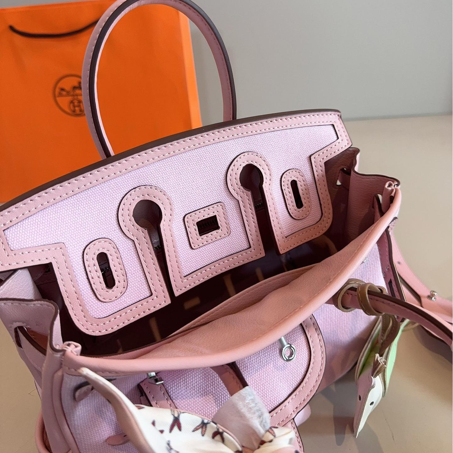Hermès Cargo Kelly Bag in Sakura Pink – Canvas & Calfskin Top Handle 25cm - Image 9