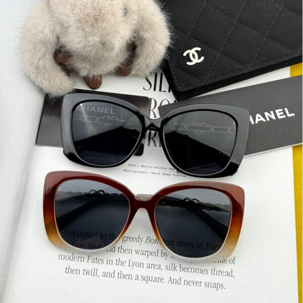 Chanel-Inspired Chain Temple Cat-Eye Sunglasses · Black & Gradient Brown